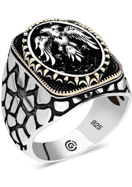 Gümüş Çift Başlı Kartal Oval Erkek Yüzük