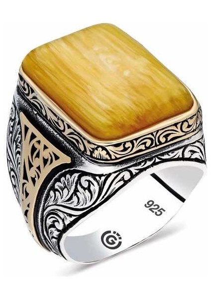 ​gümüş Sıkma Kehribar Kare Erkek Yüzük