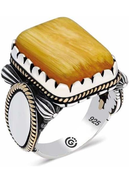 ​gümüş Sarı Sıkma Kehribar Taşlı Kare Erkek Yüzük