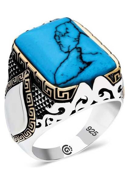​gümüş Turkuaz Taşlı Köşeli Erkek Yüzük