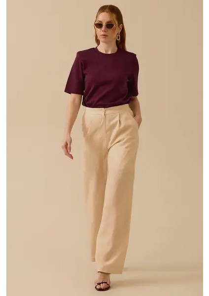 Kadın Keten Görünümlü Pile Detaylı Bol Paça Pantolon - Bej fiyatları