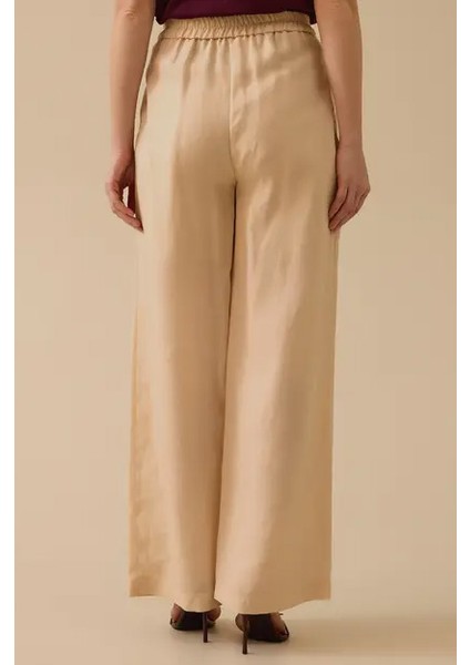 Kadın Keten Görünümlü Pile Detaylı Bol Paça Pantolon - Bej modelleri