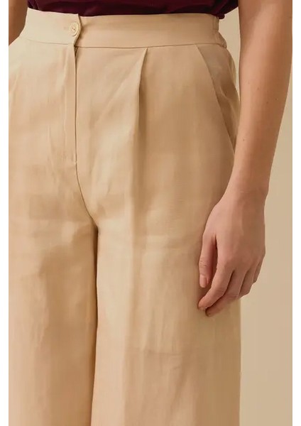 Kadın Keten Görünümlü Pile Detaylı Bol Paça Pantolon - Bej fırsatları