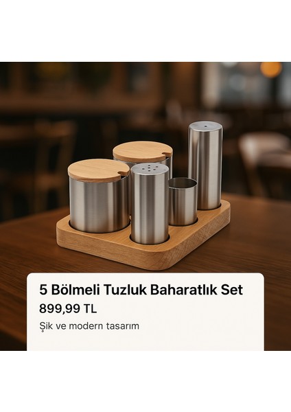 5 Bölmeli Ahşap Peçetelik Kürdanlık Tuzluk Baharatlık Seti Lokanta Restoran Seti 8 Parça Menaj Set
