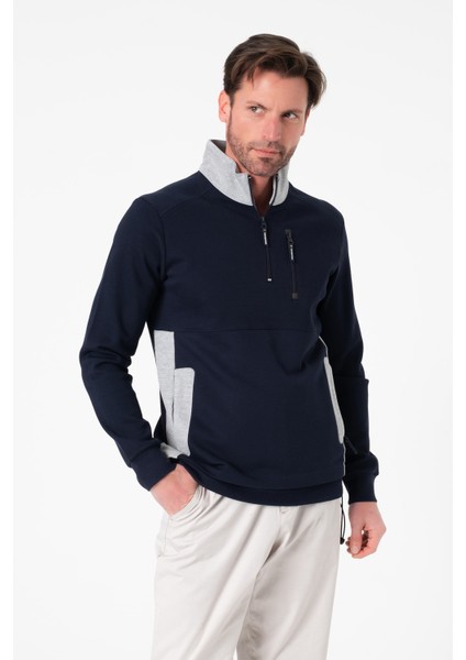 Regular Fit 3 Cepli Yandan Büzgülü Dik Yaka Pamuk Erkek SWEATSHIRT-PIN-1043
