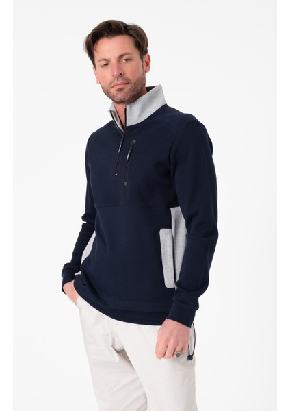Regular Fit 3 Cepli Yandan Büzgülü Dik Yaka Pamuk Erkek SWEATSHIRT-PIN-1043