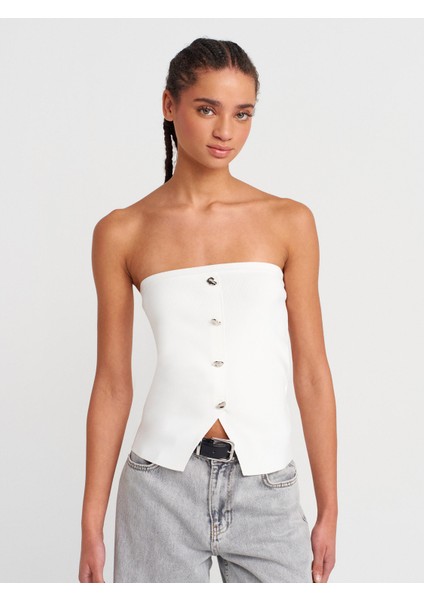 10739 Straplez Düğmeli Triko Top-Ekru