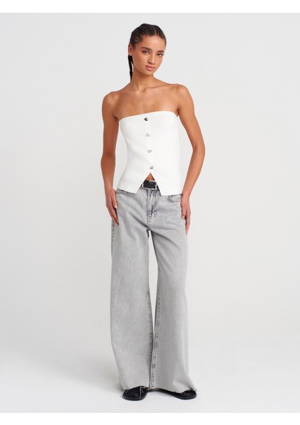 10739 Straplez Düğmeli Triko Top-Ekru fırsatları