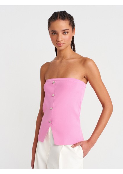 10739 Straplez Düğmeli Triko Top-Pembe
