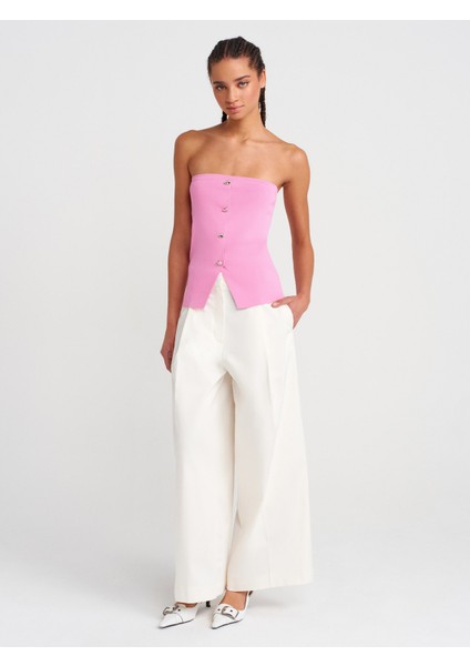 10739 Straplez Düğmeli Triko Top-Pembe