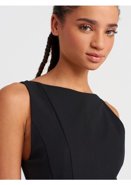 91446 Kayık Yaka Godeli Mini Elbise-Siyah modelleri