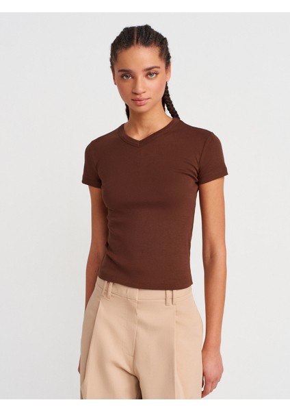 31673 V Yaka T-Shirt-Açık Kahve