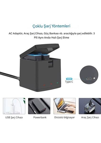 AHDBT-901 Gopro Hero 9 10 11 12 Aksiyon Kamera Üçlü Şarj Cihazı + 3 Batarya modelleri