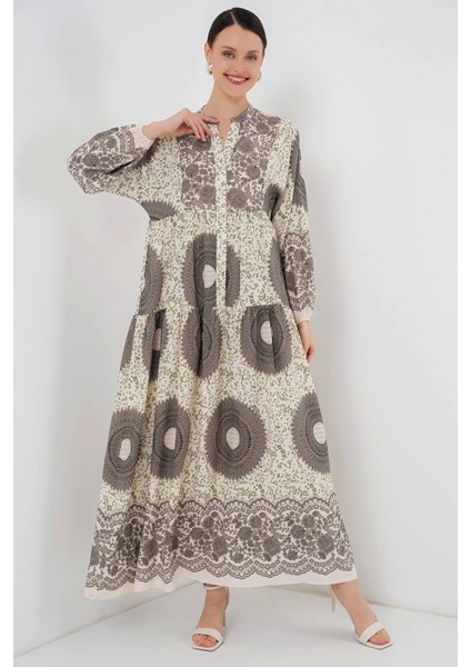 2423 Otantik Desenli Tesettür Elbise - F.kahve