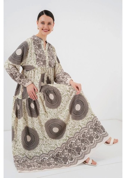 2423 Otantik Desenli Tesettür Elbise - F.kahve fiyatları