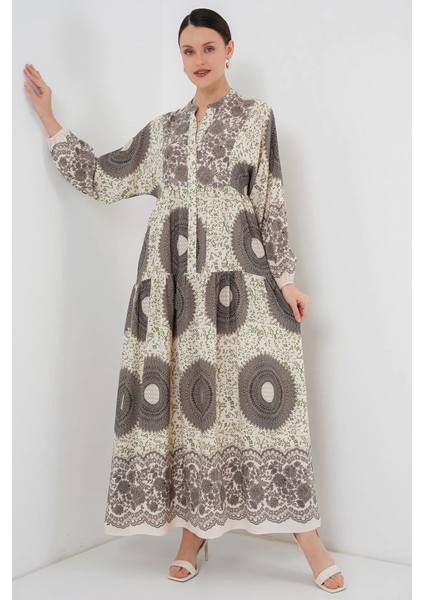 2423 Otantik Desenli Tesettür Elbise - F.kahve modelleri