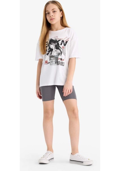 Kız Çocuk 2'li Takım Baskılı Kısa Kollu Tişört Biker Tayt E5694A825HS