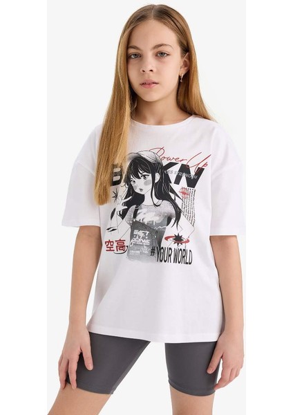 Kız Çocuk 2'li Takım Baskılı Kısa Kollu Tişört Biker Tayt E5694A825HS fırsatları