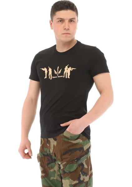Bisiklet Yaka Kısa Kollu Baskılı Kadın&Erkek T-Shirt, Haki Renk, %100 Pamuk