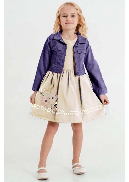 Kız Çocuk Üzerinde Jeans Ceket ve Çiçek Dikiş Işlemeli Krem Elbise