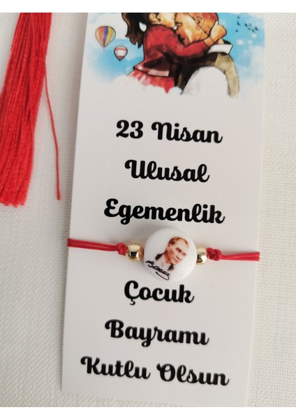 23 Nisan Hediyesi 100 Adet Püsküllü Kitap Ayracı ve Atatürk Baskılı Bileklik Okul Hediye