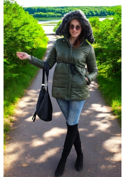 Kışlık Orta Boy Kapüşonlu Kürklü Su Geçirmez Şişme Mont co122haki