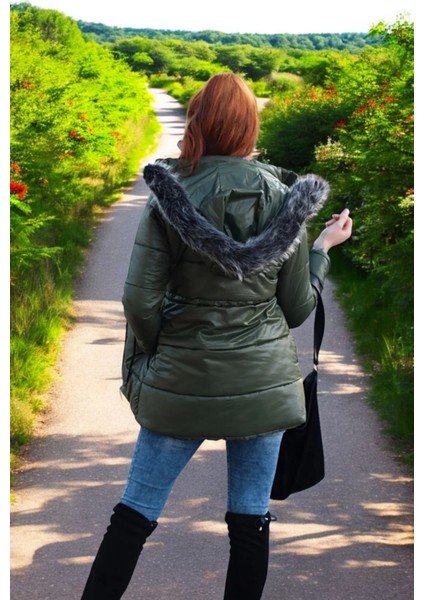 Kışlık Orta Boy Kapüşonlu Kürklü Su Geçirmez Şişme Mont co122haki fiyatları