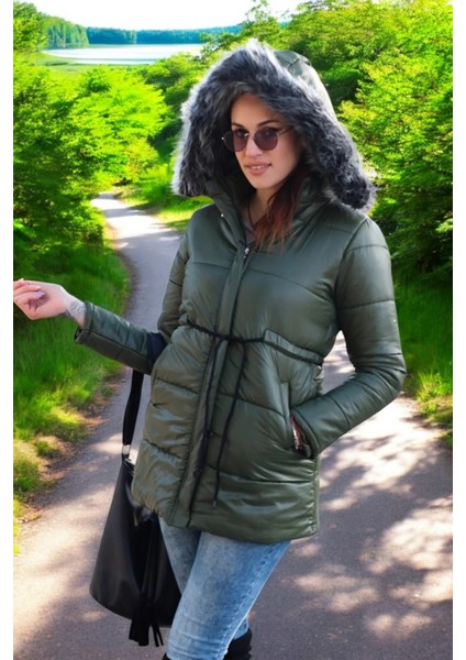 Kışlık Orta Boy Kapüşonlu Kürklü Su Geçirmez Şişme Mont co122haki modelleri