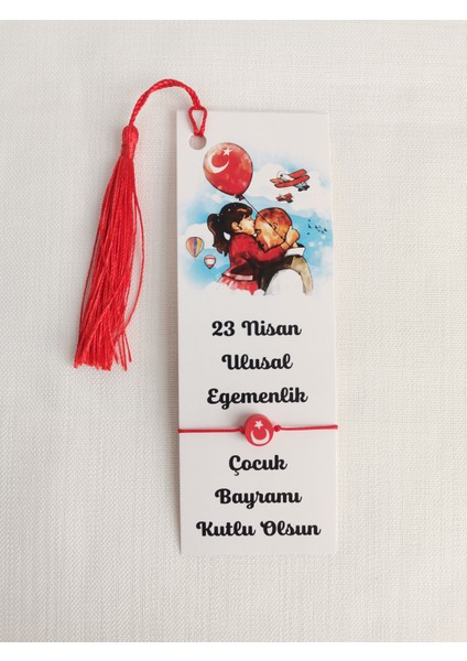 23 Nisan Hediyesi 20 Adet Püsküllü Kitap Ayracı ve Ay Yıldız Baskılı Fimo Boncuk Bileklik Okul