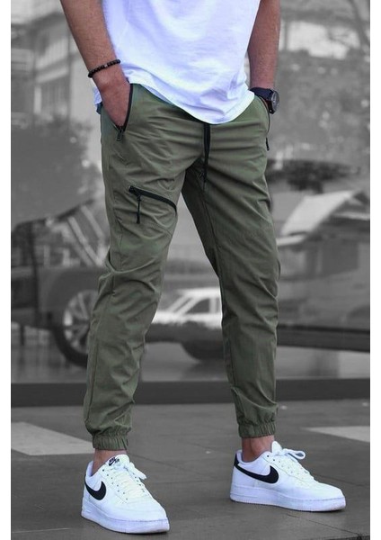 Haki Fermuar Detaylı Paraşüt Jogger Pantolon