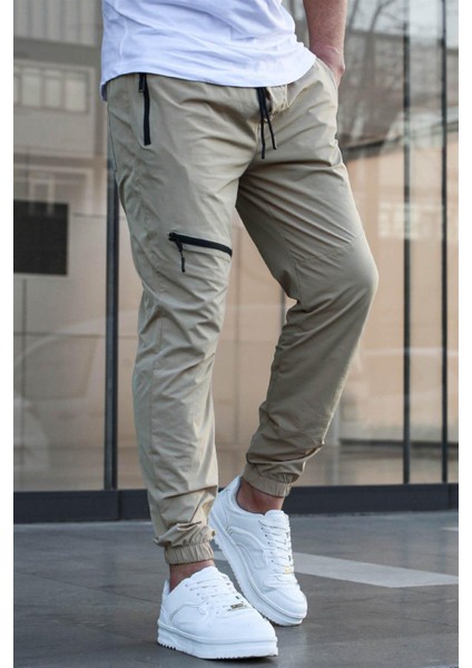 Bej Fermuar Detaylı Paraşüt Jogger Pantolon