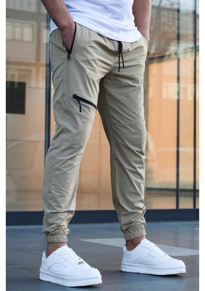 Bej Fermuar Detaylı Paraşüt Jogger Pantolon modelleri
