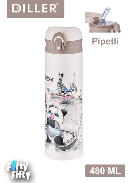 Dıller 480 ml Pipetli Paslanmaz Çelik Termos Vacum Cup Kilitli Kapak -FFDILLERD9248