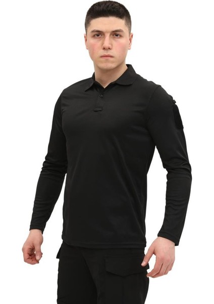 Polo Yaka Uzun Kol Taktik Erkek T-Shirt, Siyah Renk, Mikrofiber Kumaş fırsatları