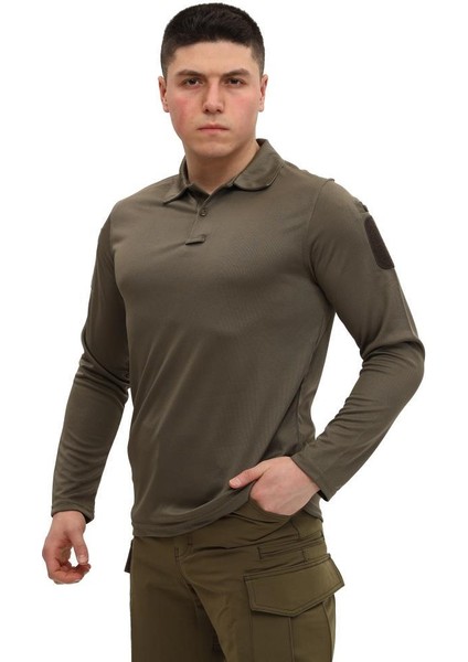 Polo Yaka Uzun Kol Taktik Erkek T-Shirt, Haki Renk, Mikrofiber Kumaş