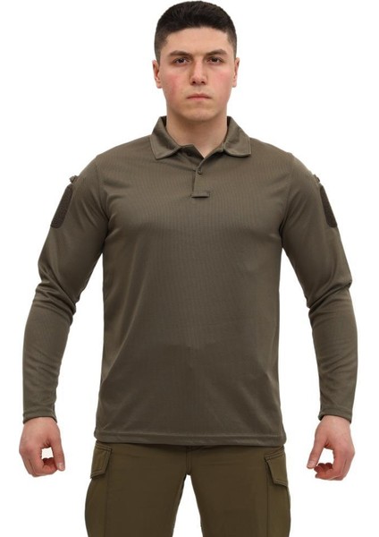 Polo Yaka Uzun Kol Taktik Erkek T-Shirt, Haki Renk, Mikrofiber Kumaş