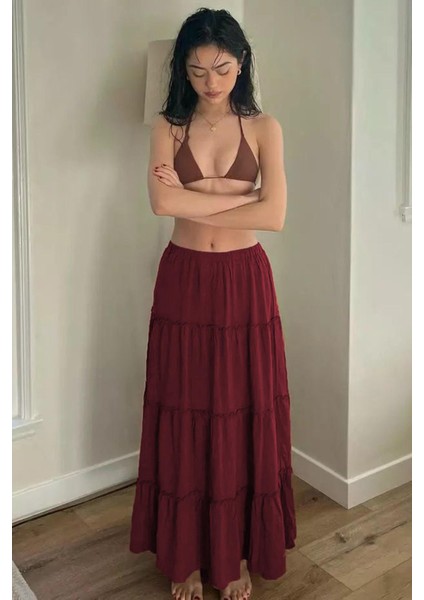 Bordo Basic Pileli Kadın Uzun Etek