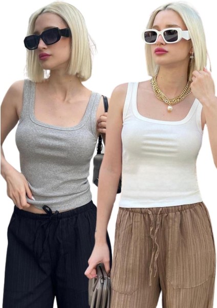 2'li Paket Beyaz- Gri Fitilli Askılı Basic Atlet MG2427