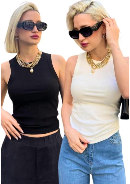 2'li Paket Beyaz-Siyah Regular Kesim Fitilli Atlet MG2428