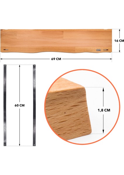 Duvar Rafı 80 x 19 cm - Kitaplık ve Resim Rafı - Massif Kayın Ahşap - Deri indirimleri