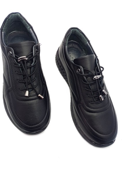 Deri Siyah Renk Bagcıklı Ortopedik Taban Kadın (Anne) Ayakkabı