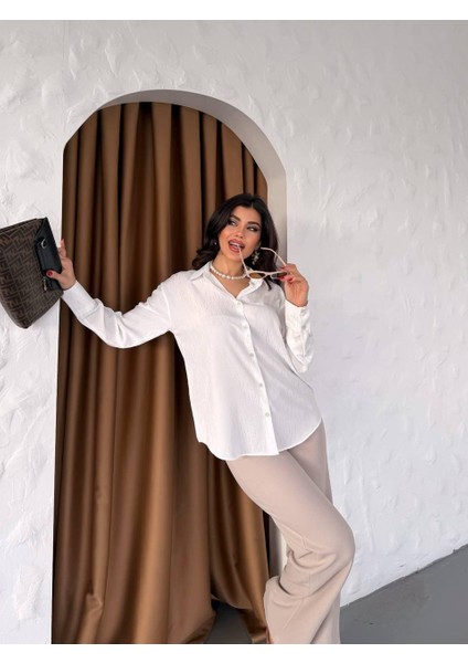 Saten Gri Simli Oversıze Uzun Kollu Düğmeli Gömlek