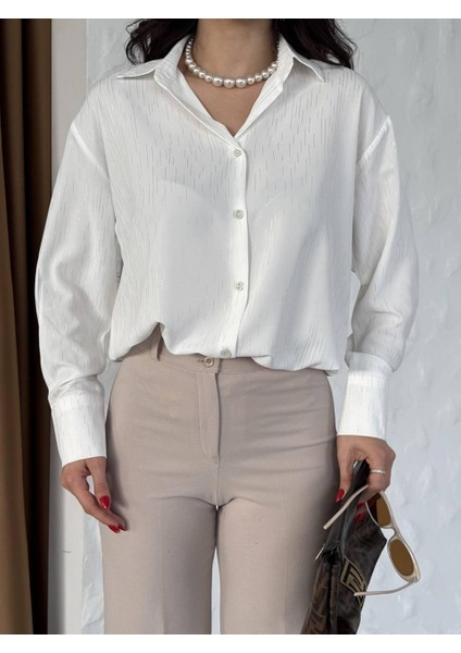 Saten Gri Simli Oversıze Uzun Kollu Düğmeli Gömlek indirimleri