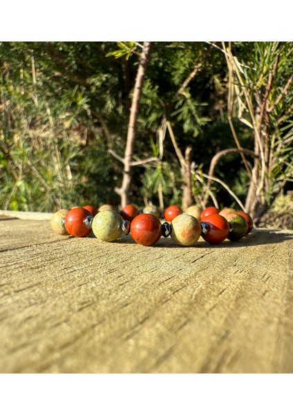 Jasper, Unakit, Hematit Bileklik - Owen Red Green Bileklik - 8mm Ayarlanabilir