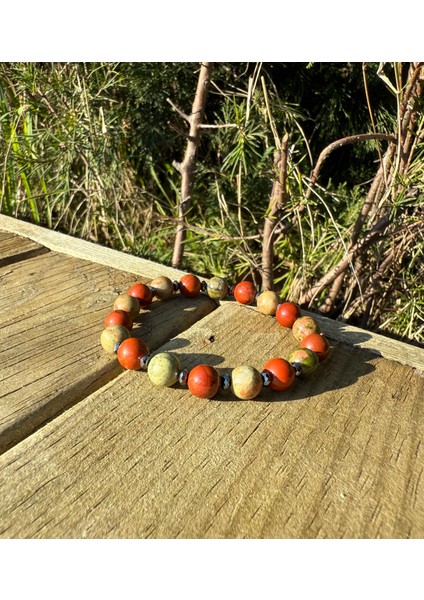 Jasper, Unakit, Hematit Bileklik - Owen Red Green Bileklik - 8mm Ayarlanabilir