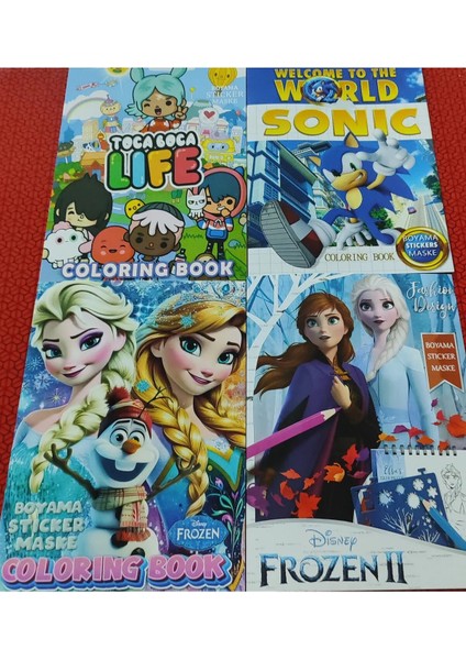 4 Adet Stickerli Boyama Kitabı (Frozenıı/elsa/sonic/toca Boca Figürlü)