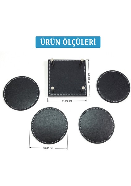PR4217 Lüks Ahşap Standlı Yuvarlak Deri Bardak ve Çay Tabağı Altlığı