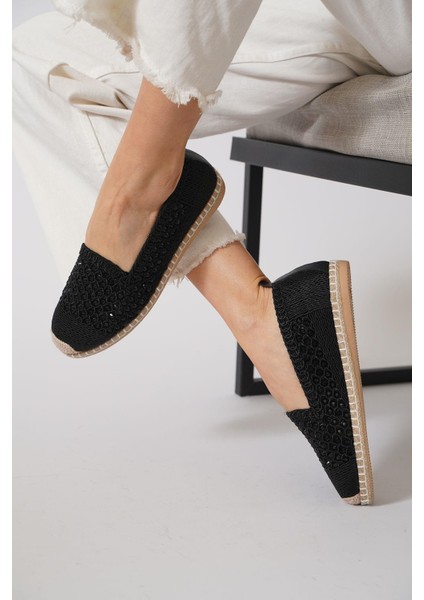 Green Mod 312 Kadın Hasırlı Taşlı Espadril Babet Siyah