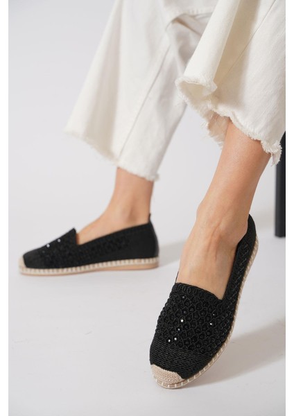 Green Mod 312 Kadın Hasırlı Taşlı Espadril Babet Siyah