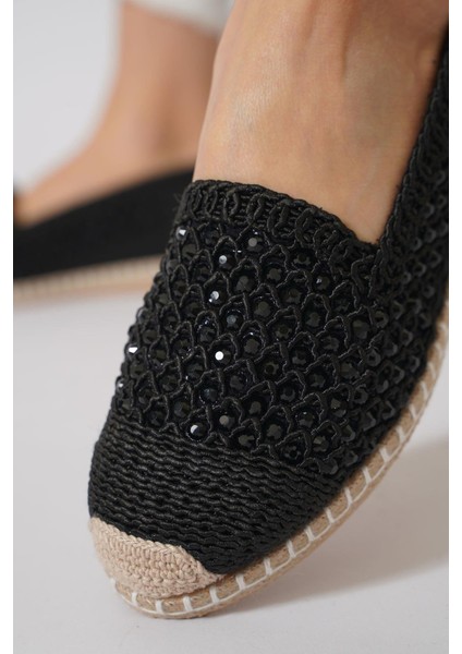 Green Mod 312 Kadın Hasırlı Taşlı Espadril Babet Siyah